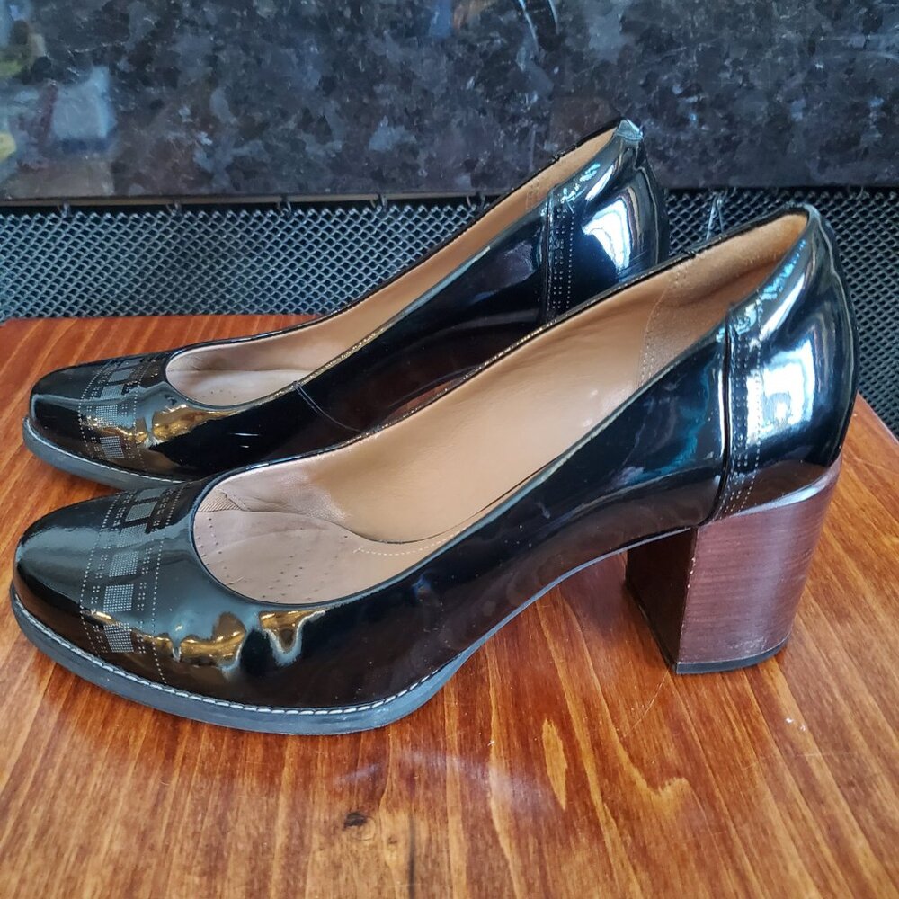 Clarks Black Patent Leather Block Heels, Sz 8.5